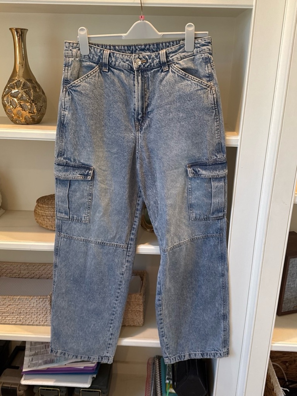 Women’s Washed Blue Cargo Jeans - Casual Utility Style